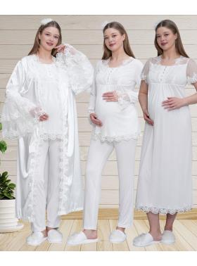 Mecit 6302 Ekru Dantelli Sabahlık Gecelik Pijama Lohusa Set